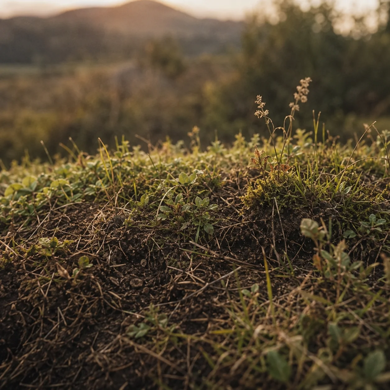 Intact living soil and native groundcover representing ecological continuity.