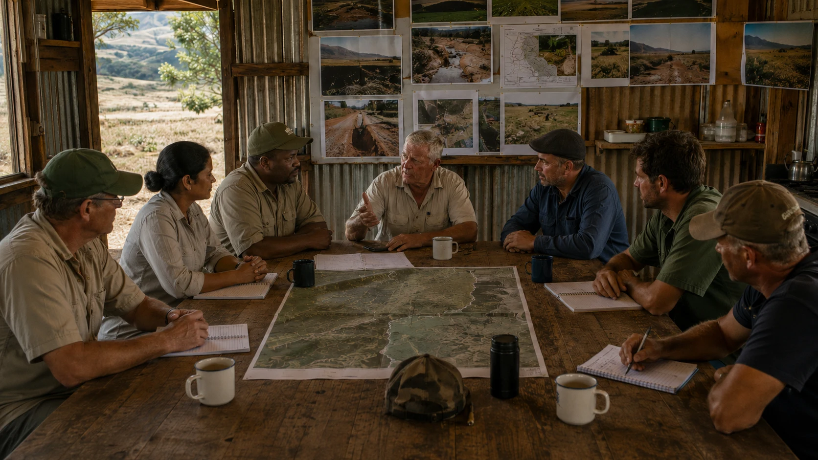 Farmers review mapped land context during an early ecological-route conversation.