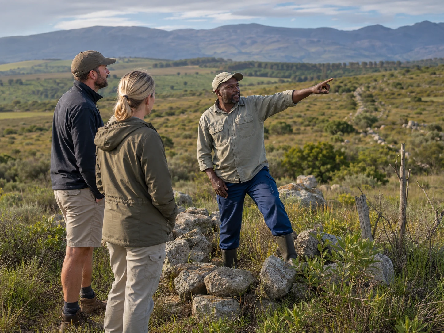 A land steward discusses a shared landscape record with visitors while standing on the land.