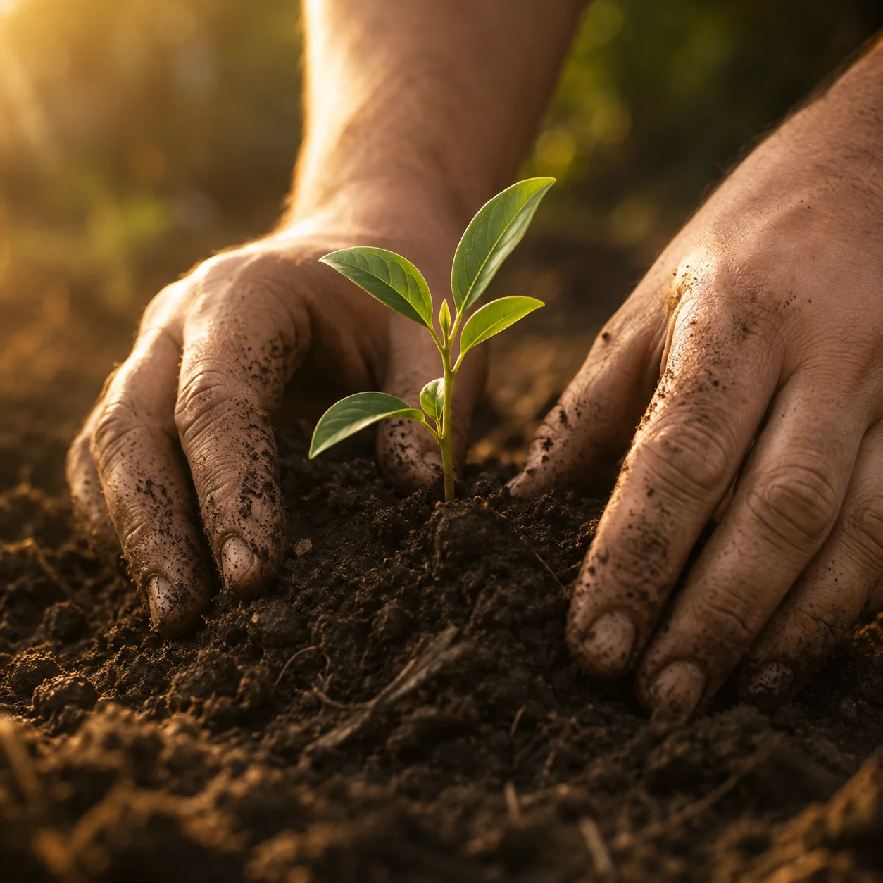 Hands planting a young seedling in soil as part of active ecological restoration.