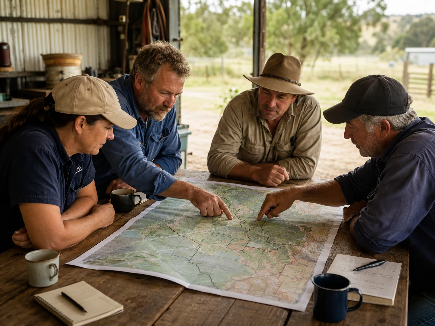 Farmers and land stewards compare property boundaries and ecological routes around a shared map.