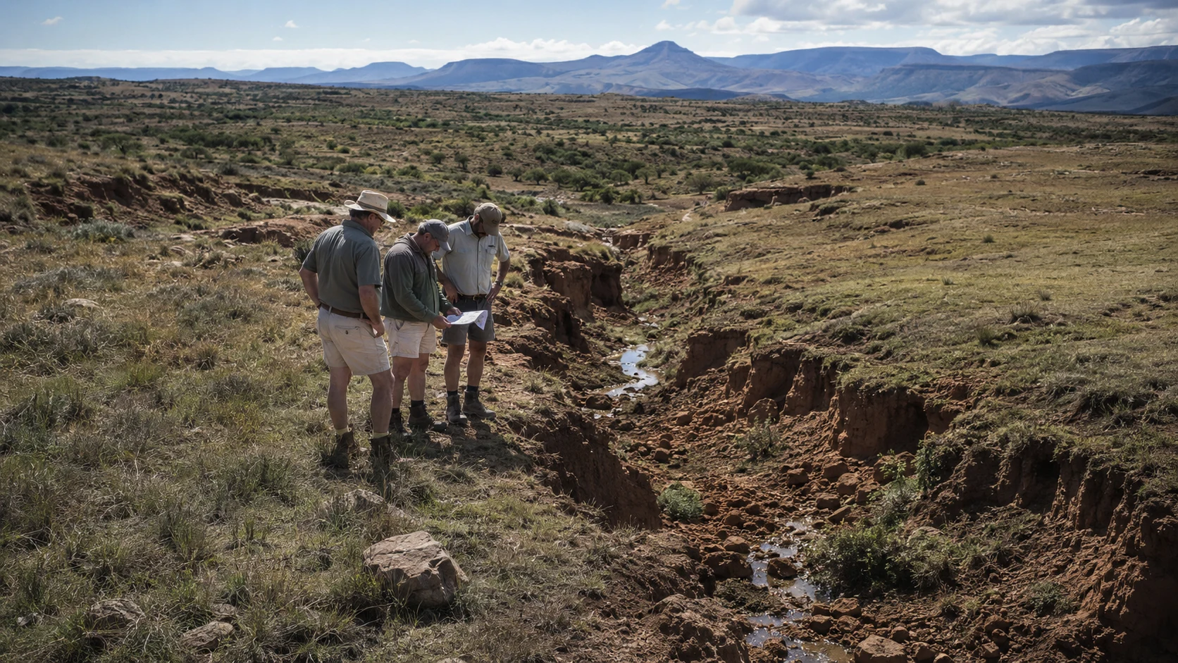 Land stewards compare field notes beside an erosion channel in a dry South African landscape.