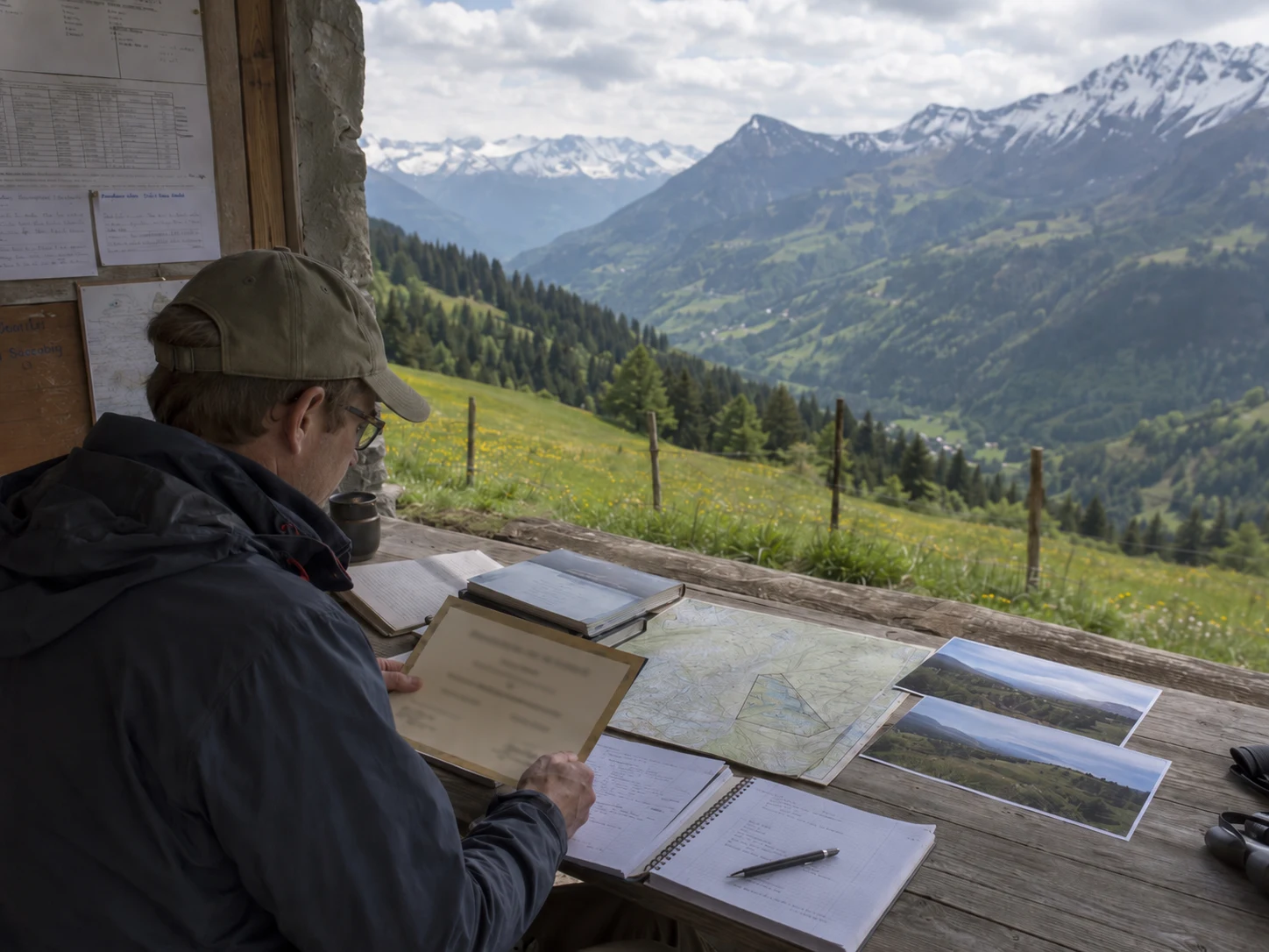 A practitioner reviews a certificate, map, field notes and photographs at a table overlooking an alpine valley.