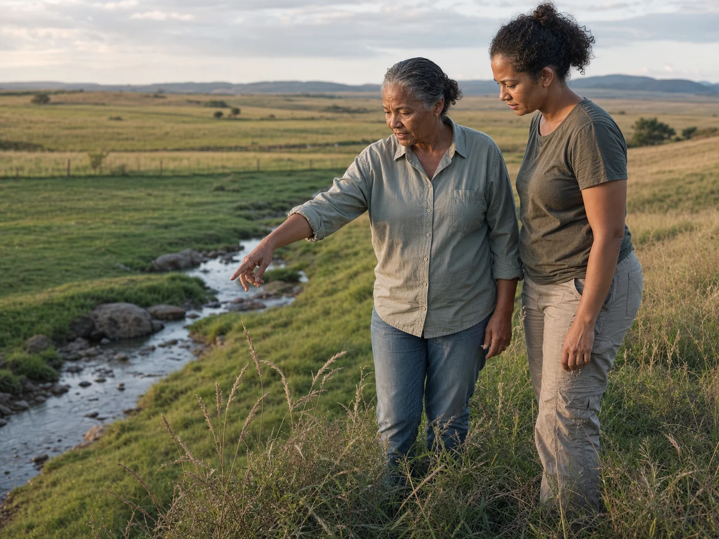 Two generations of land stewards discuss veld beside a seasonal watercourse.