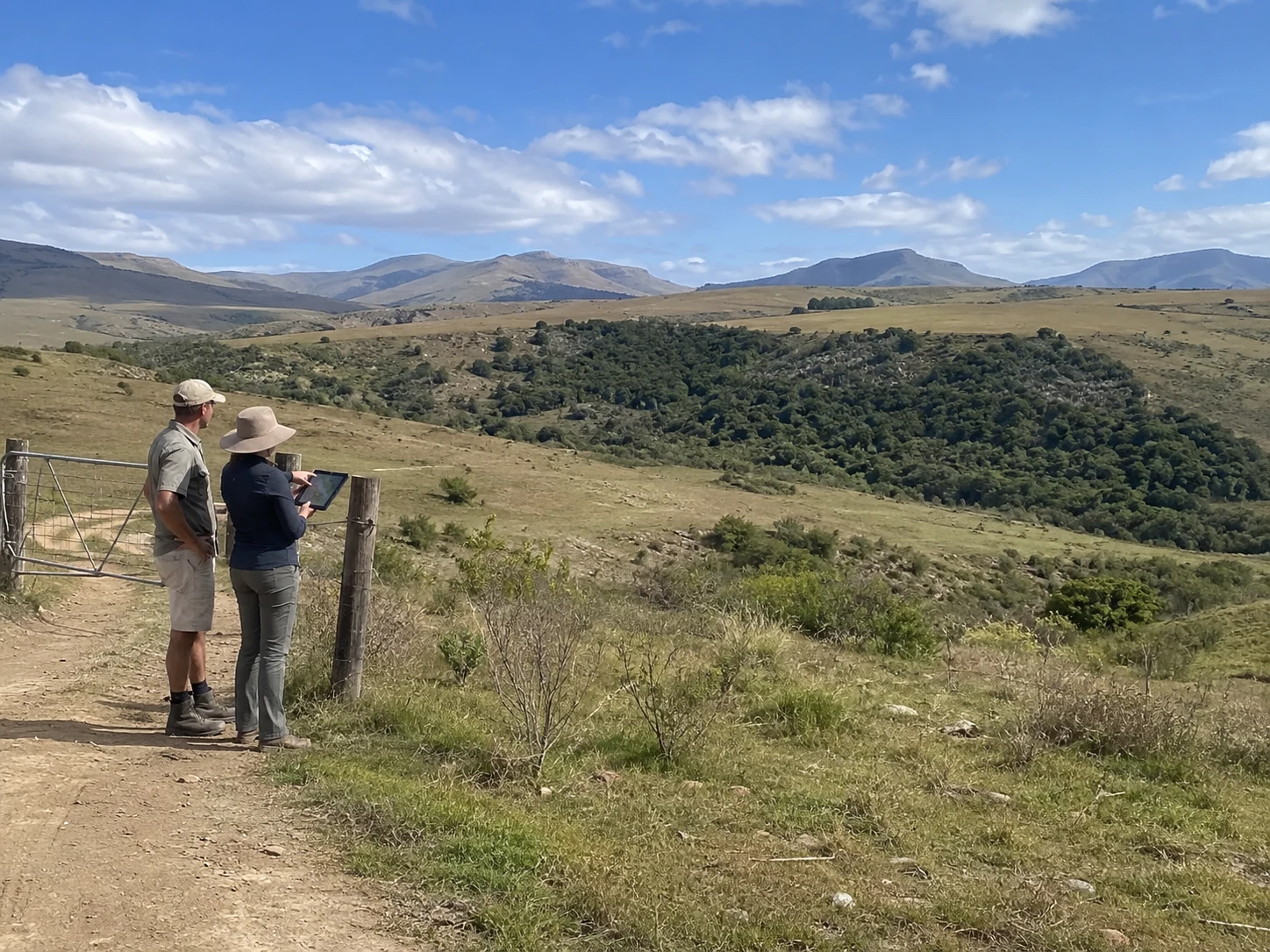 Two people stand at a farm gate overlooking a wider property, with a distinct intact ecological area visible in the valley beyond.