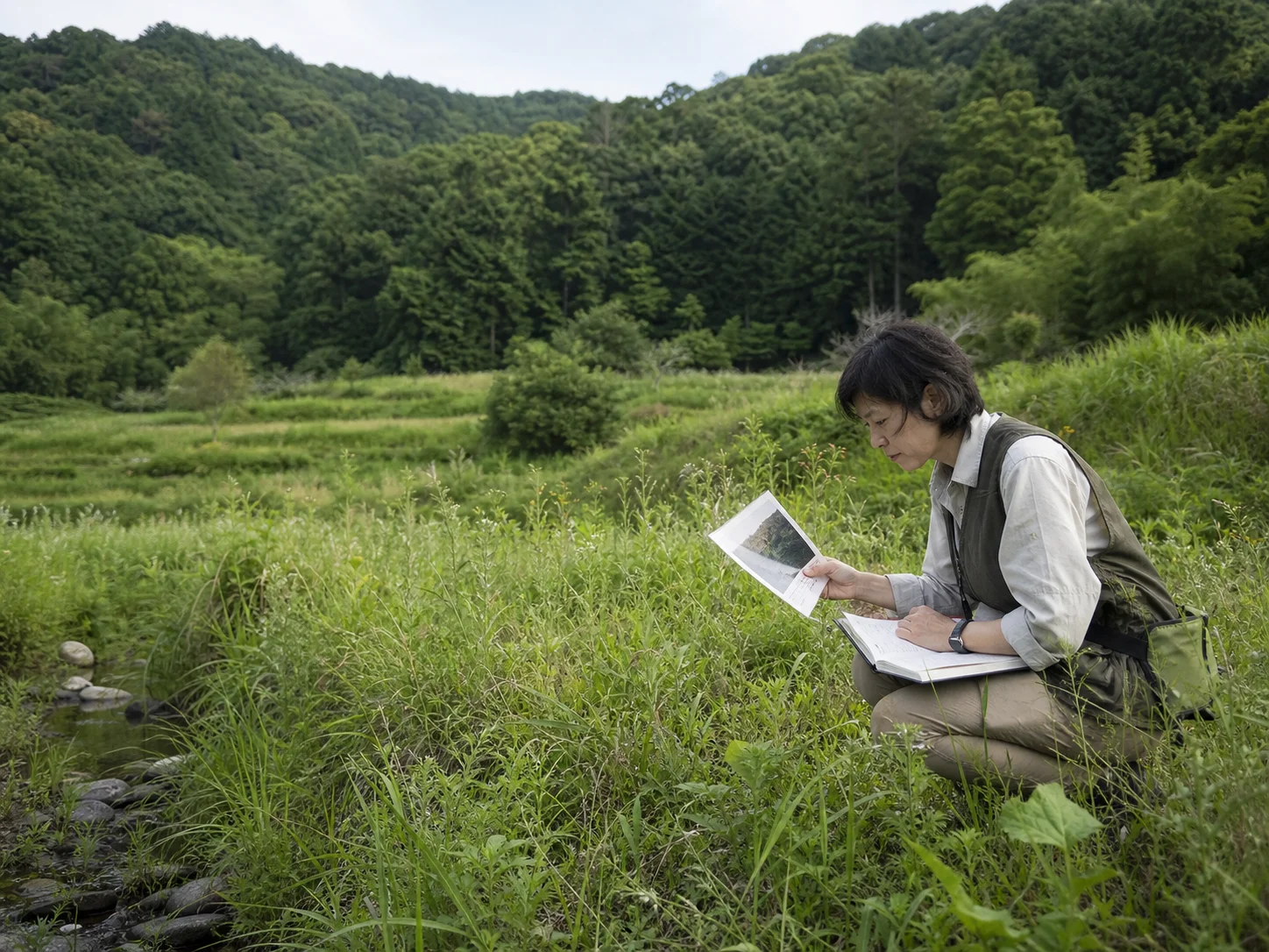 A Japanese field ecologist compares plants in a satoyama landscape with a photographic field record.