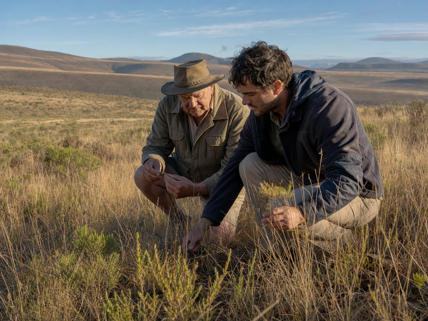 An older farmer and a younger land steward examine native veld together.
