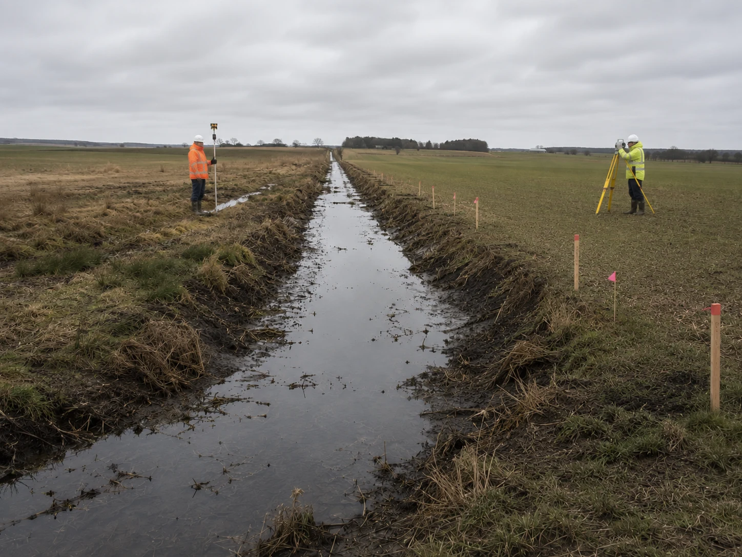 Two surveyors mark out a defined works area along a drainage channel with stakes and flags before restoration work begins.