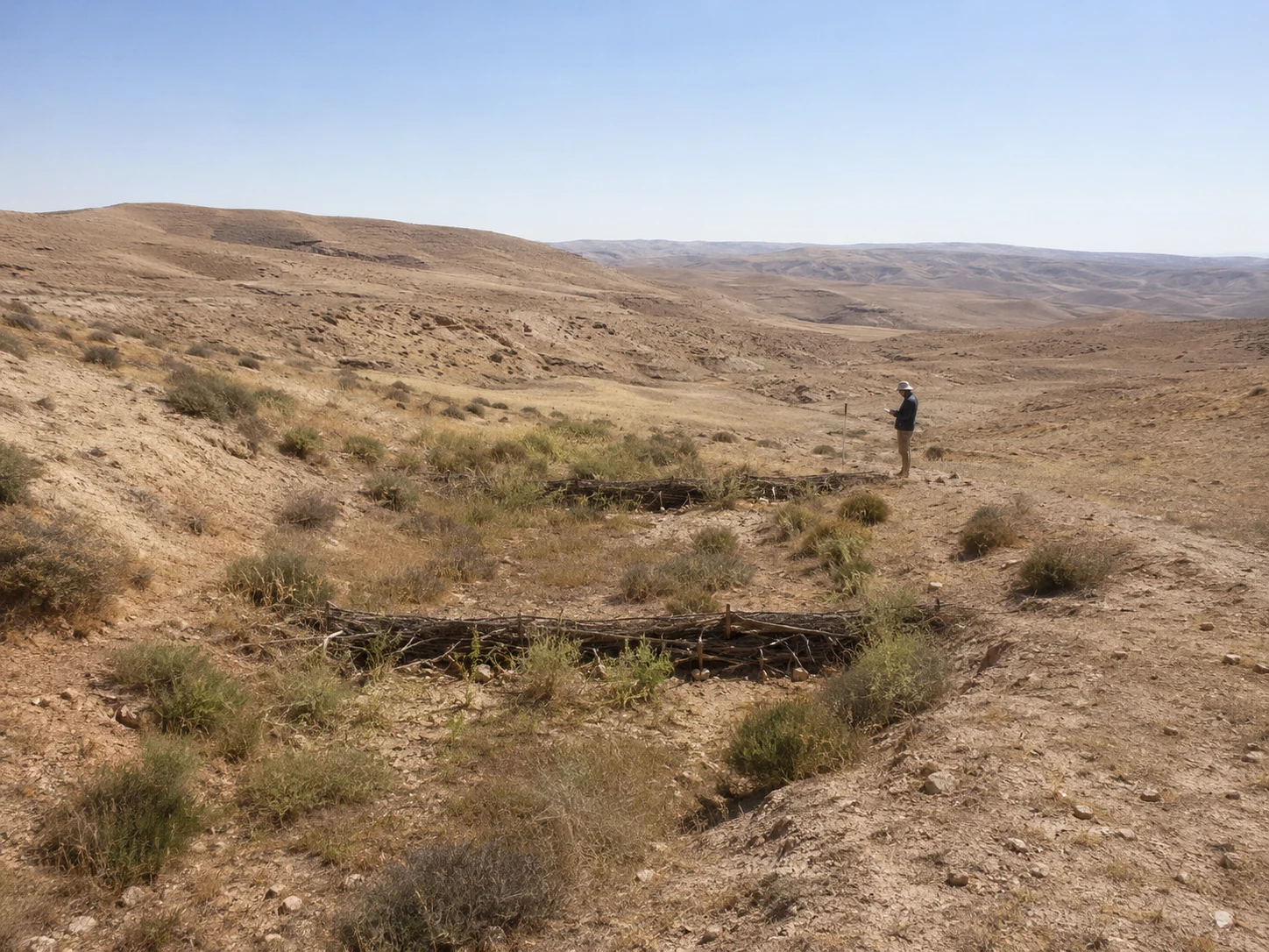 A field surveyor records a reference point at a broad semi-arid restoration site with erosion-control brush barriers visible across the land.