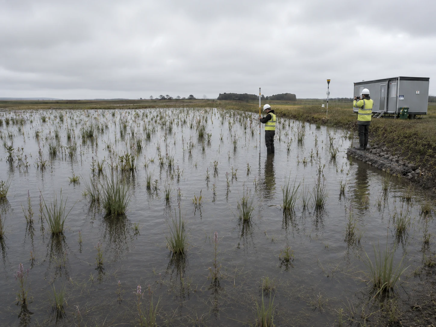 Field workers record measurements and photograph established wetland vegetation growing through standing water as part of the evidence record.