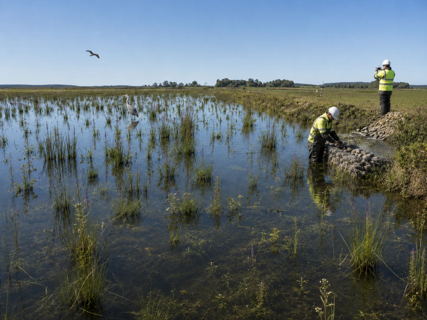 A heron stands among recovering wetland vegetation as field workers continue monitoring and maintenance work along the bank.