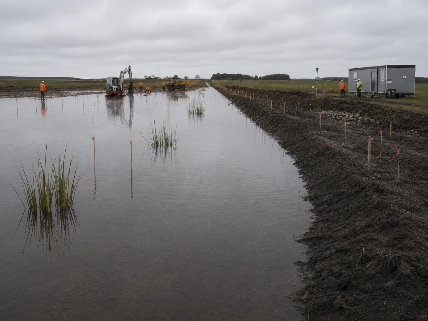 Workers and machinery carry out engineered wetland restoration works, planting vegetation and reshaping banks beside a site office.