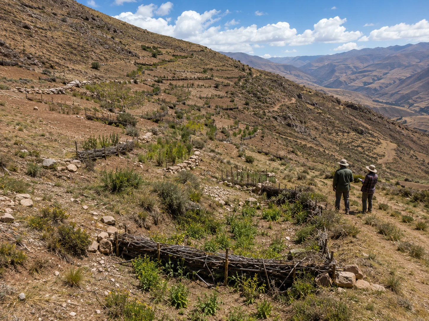 Two field assessors survey a mountainside restoration site with staggered brush and stone contour barriers slowing erosion across the slope.