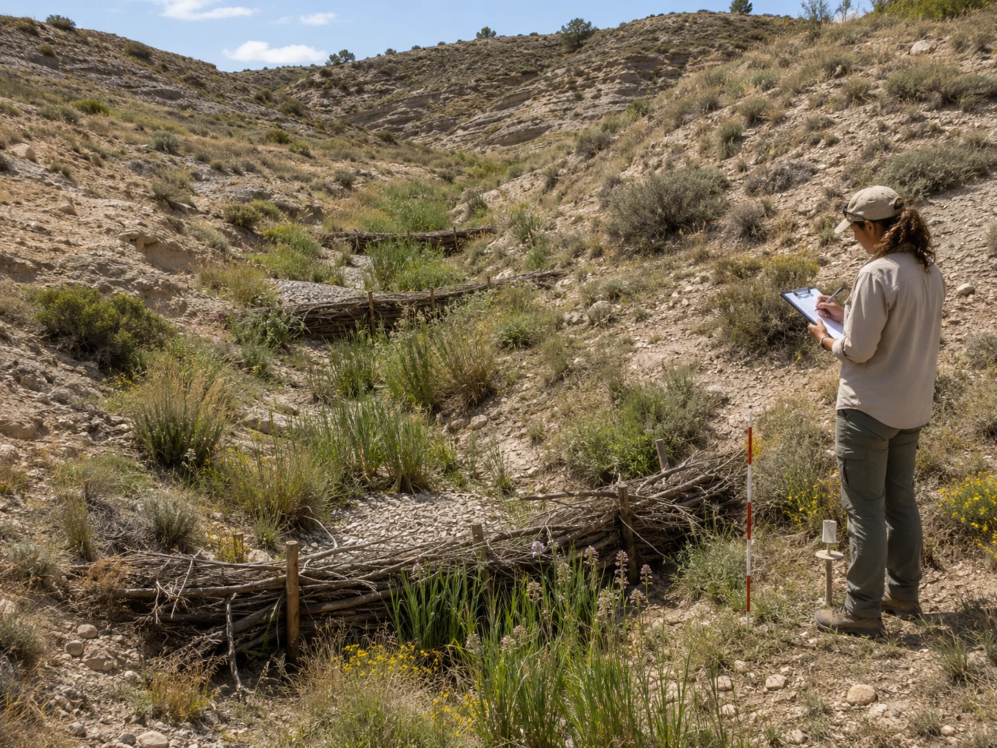 A semi-arid restoration site after intervention, with an earlier erosion-control brush-packing structure still visible, retained sediment, early vegetation response and a field assessor recording current condition.