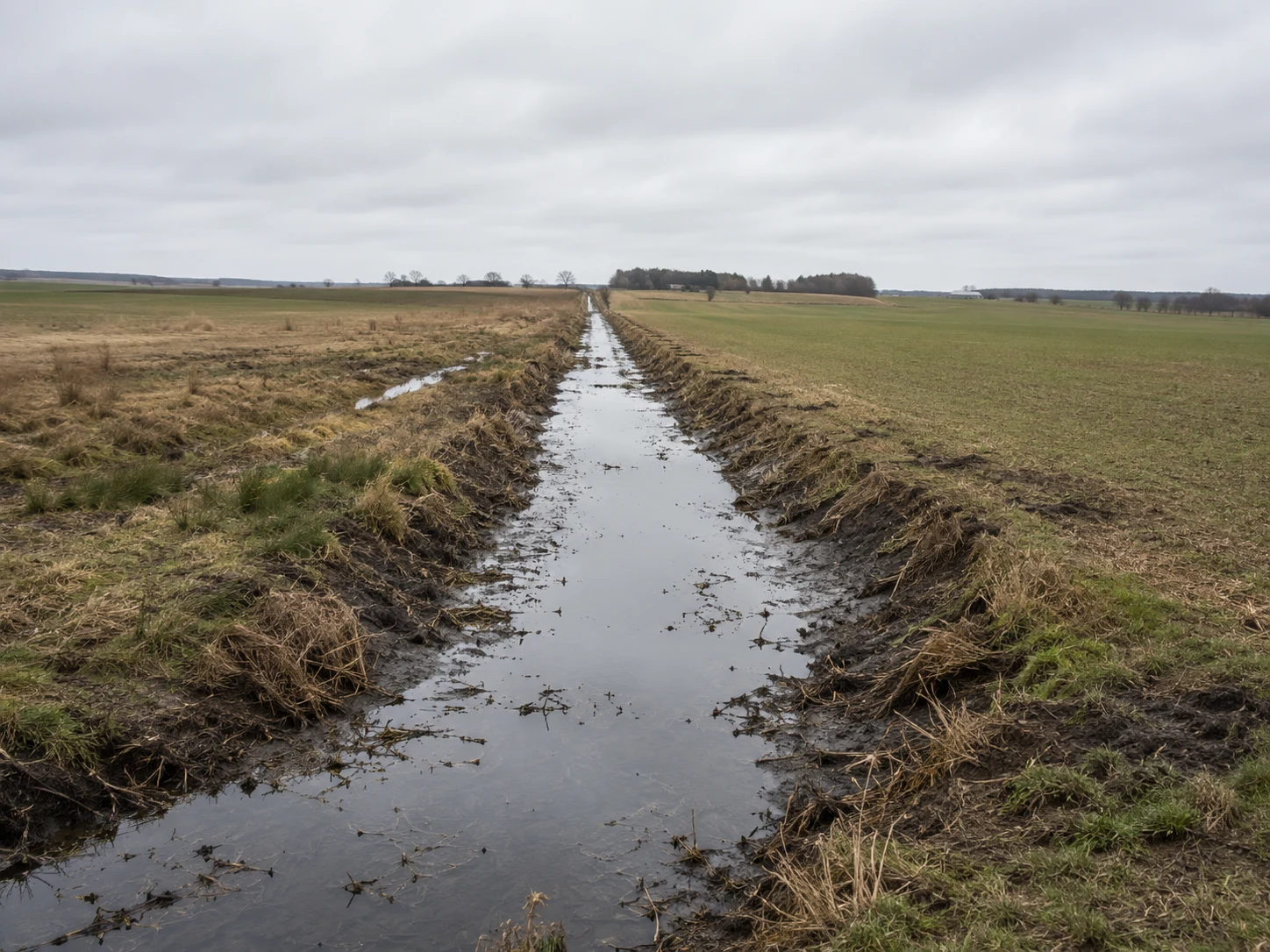 An eroded drainage channel with pooled water cuts through open farmland, evidence of altered water movement and bank degradation.