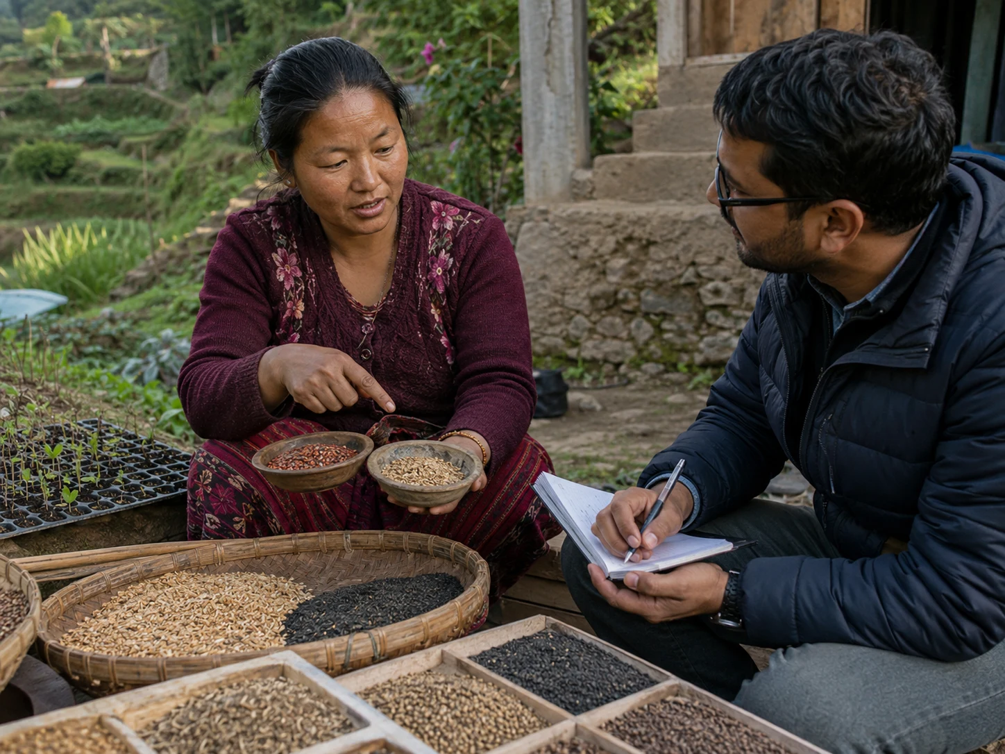 A woman in Nepal shows bowls of sorted seed varieties to a man taking notes beside her.