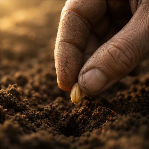 A hand returning a seed to freshly worked soil
