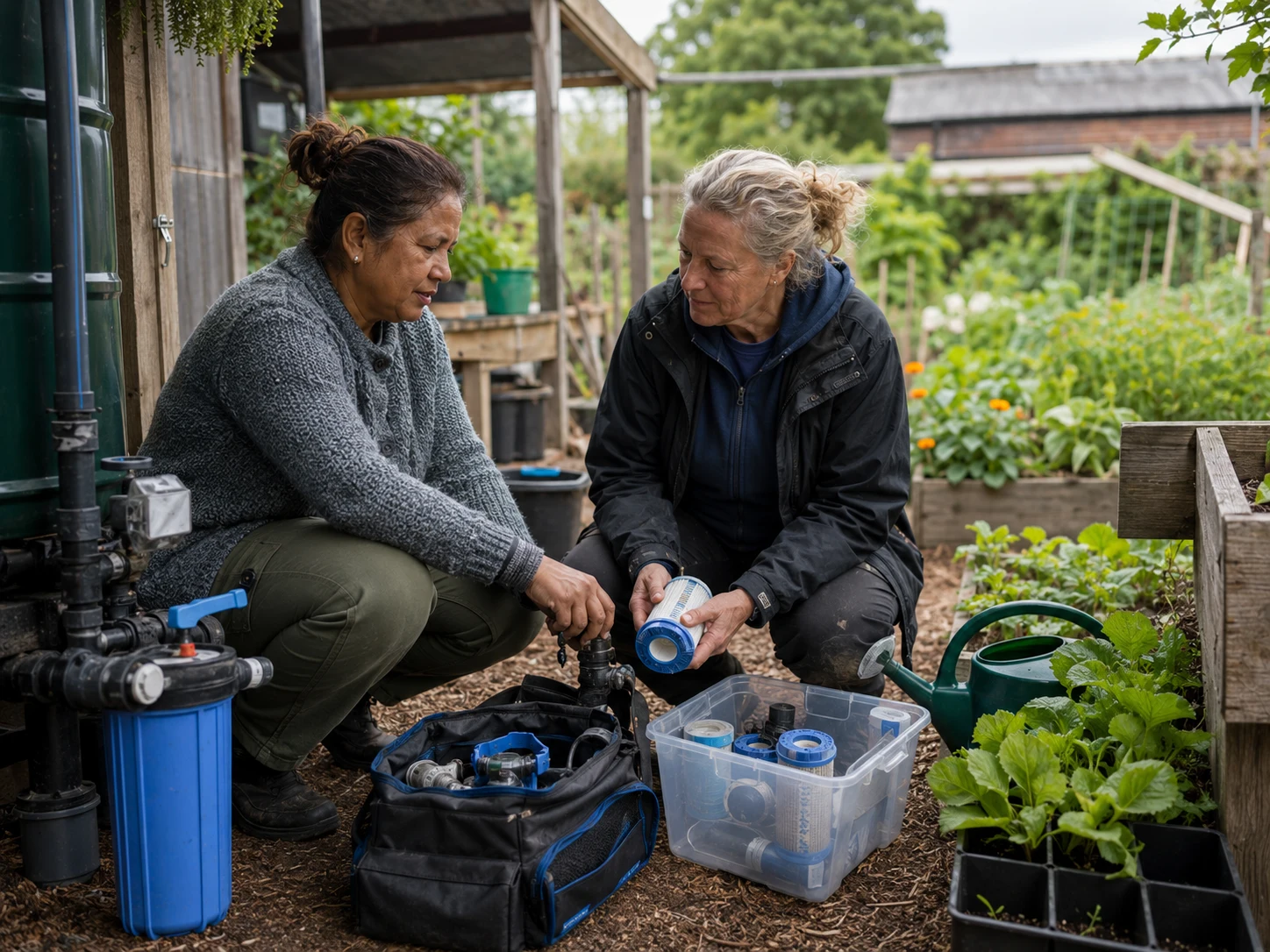 A local operator and technical contributor inspect an established water system, maintenance materials, and replacement parts together.