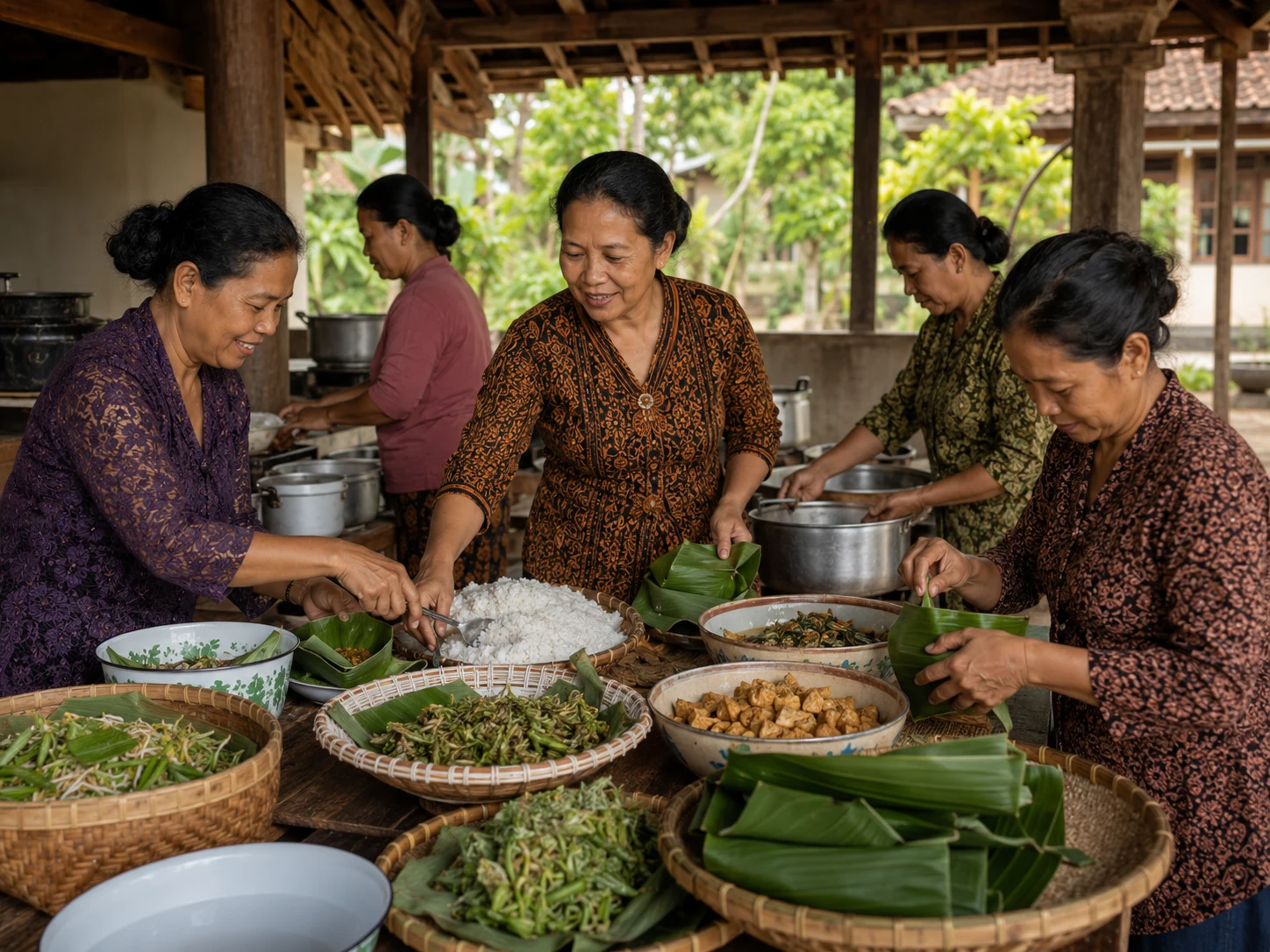 Adult Javanese women prepare rice, vegetables, tofu and banana-leaf portions in an open community kitchen.
