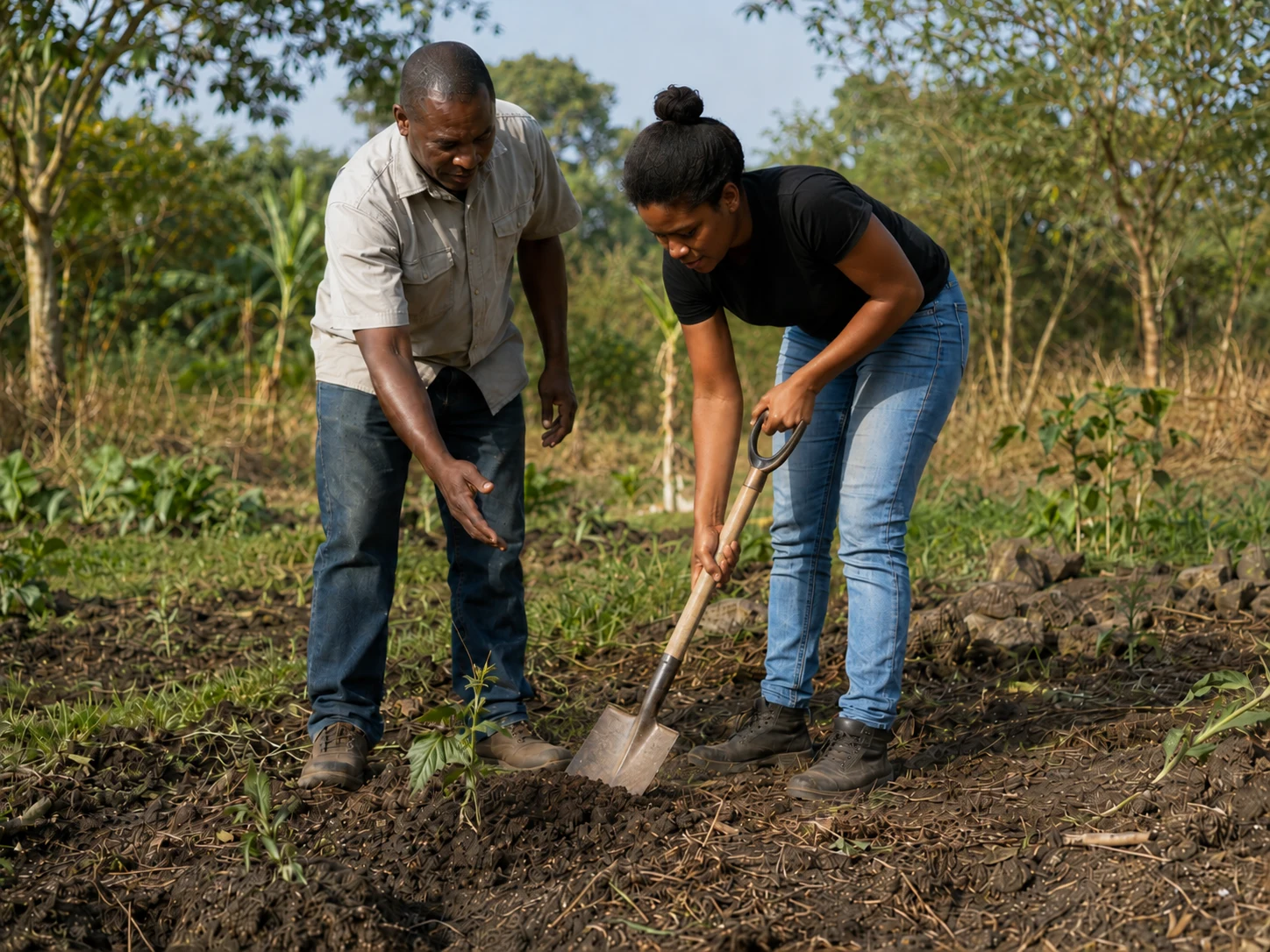 A learner practises safe tool use outdoors under the guidance of a skilled mentor